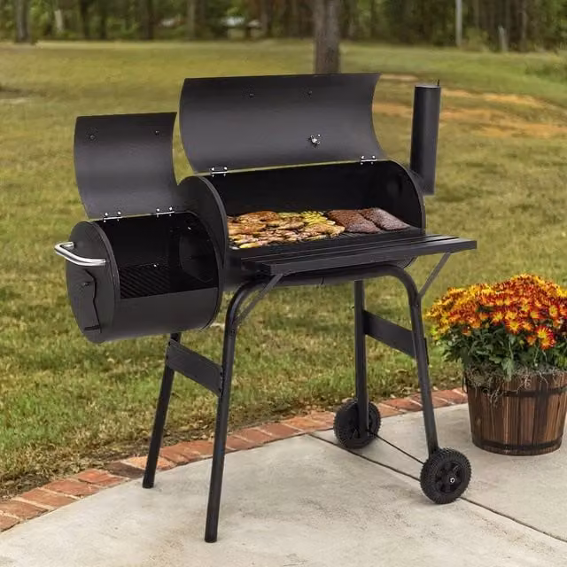 Kelvenix 2 in 1 Charcoal BBQ Grill and Smoker in Black, H 115 x W 114 x D 53 cm