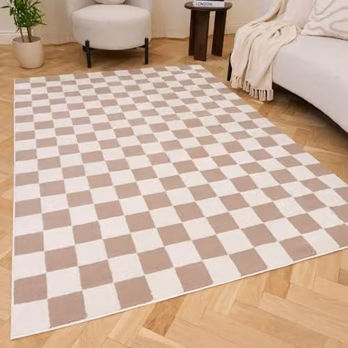 THE RUGS Loft Collection Modern Textured Living Room Area Rug, Checkerboard Beige, W: 200 cm, D: 290 cm – 1