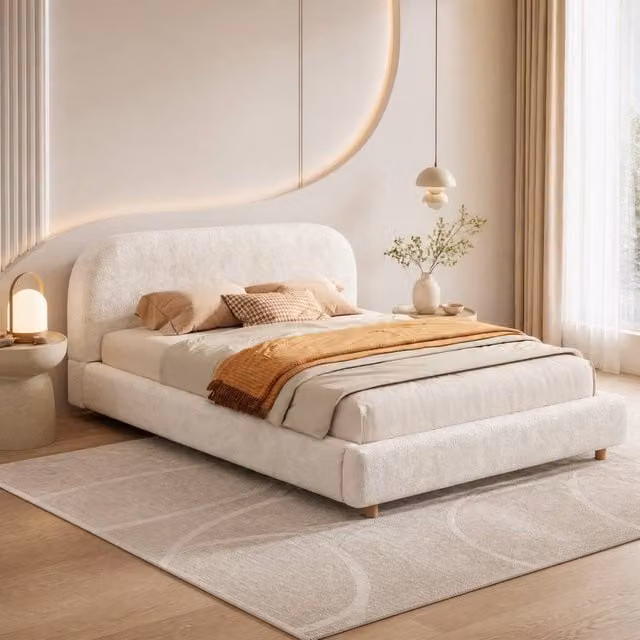 STILVORA Double Bed Frame with White Boucle Upholstery and Lift Up Base, W/D/H: 140 x 200 x 90 cm – 1
