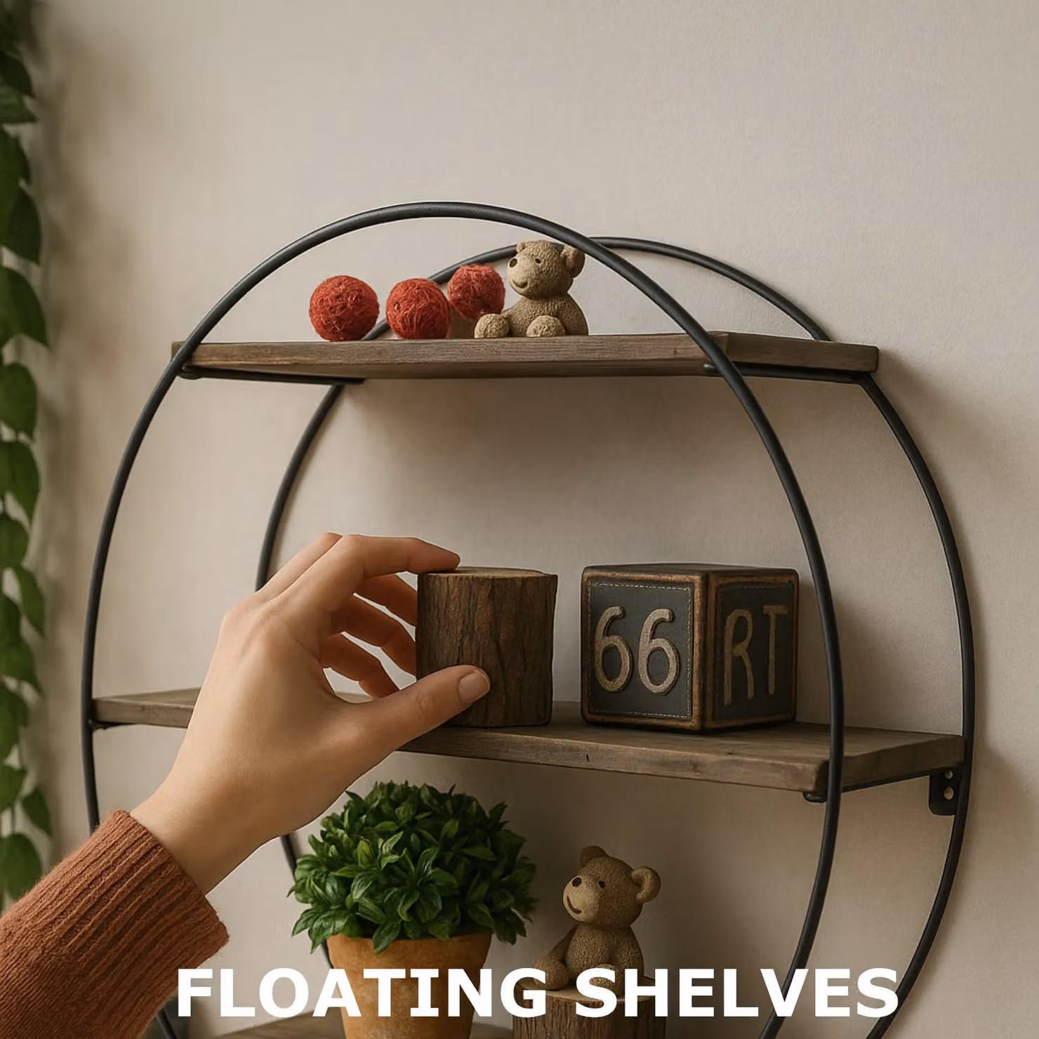 Rafaelo Mobilia Industrial 3 Tier Round Floating Wall Mounted Wooden Shelf in Brown and Black – 4