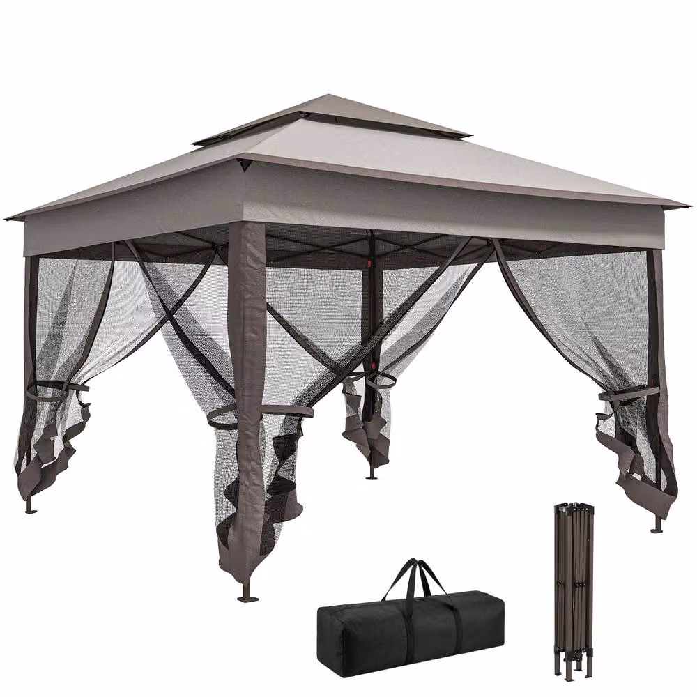 Rolipo Deluxe Metal Gazebo with Curtains, Brown and Grey, W: 325 cm, D: 325 cm, H: 270 cm – 2