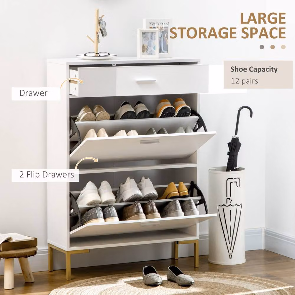 Wyld Haus Suto Slim White Shoe Cabinet with Tilting Compartments and Gold Details, H: 110 cm, W: 76 cm, D: 26 cm – 3