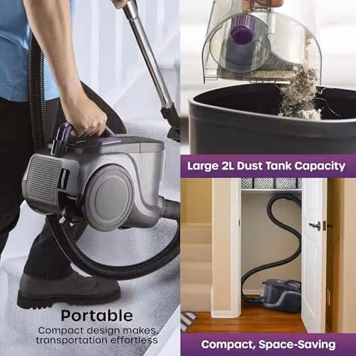 Swan Dustmaster Bagless Cylinder Vacuum Cleaner with HEPA Filter, 2-in-1 Motorised Brush, Extension Pole and Hard Floor Nozzle, Purple and Titanium, SC15840 – 9