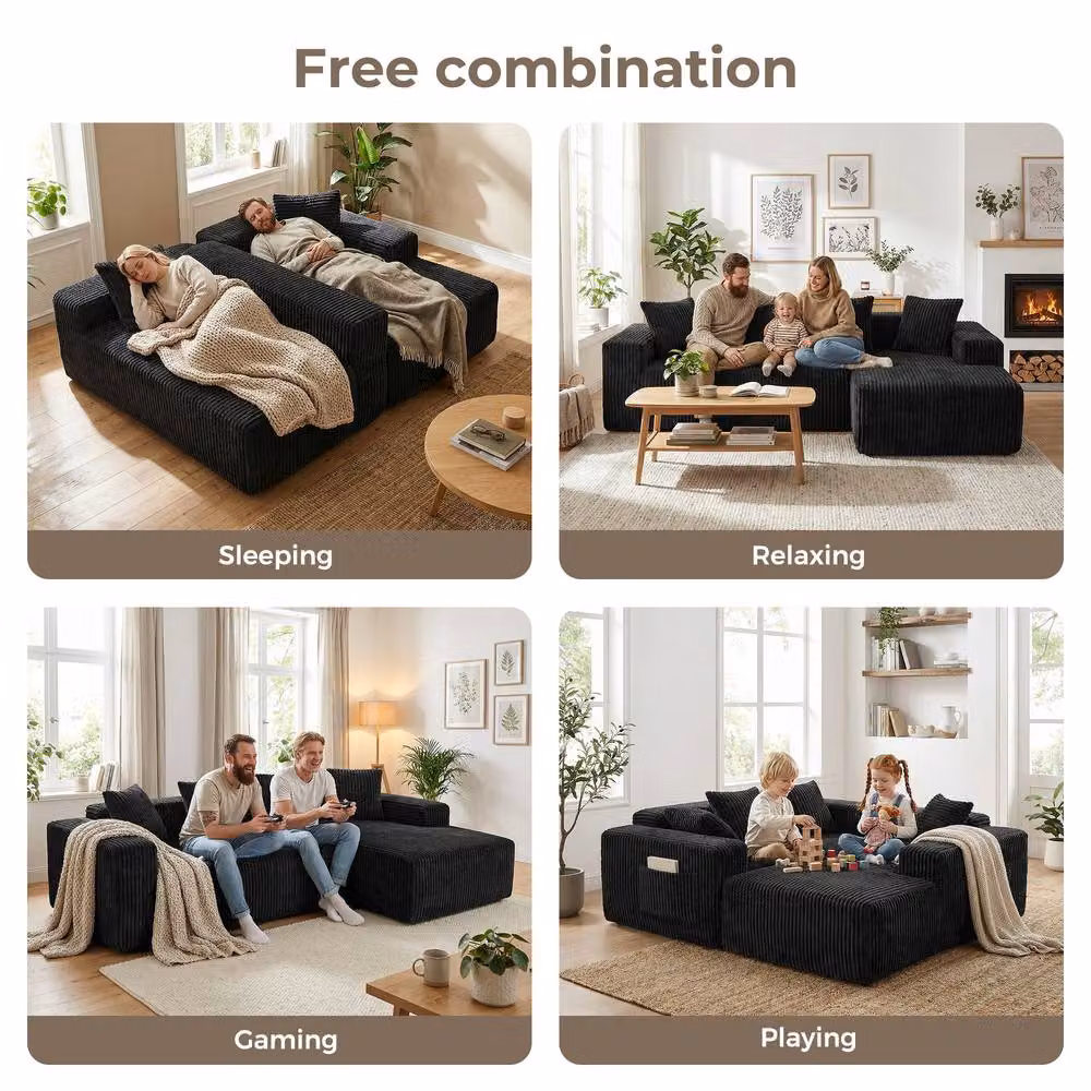 Dprodo 261 cm Modular Right L-Shaped 4 Seater Sectional Corner Sofa in Black Velvet Cord Fabric – 6