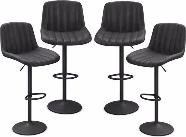 URBNLIVING Set of 4 Ribbed Black PU Leather Bar Stools with Backrest and Footrest