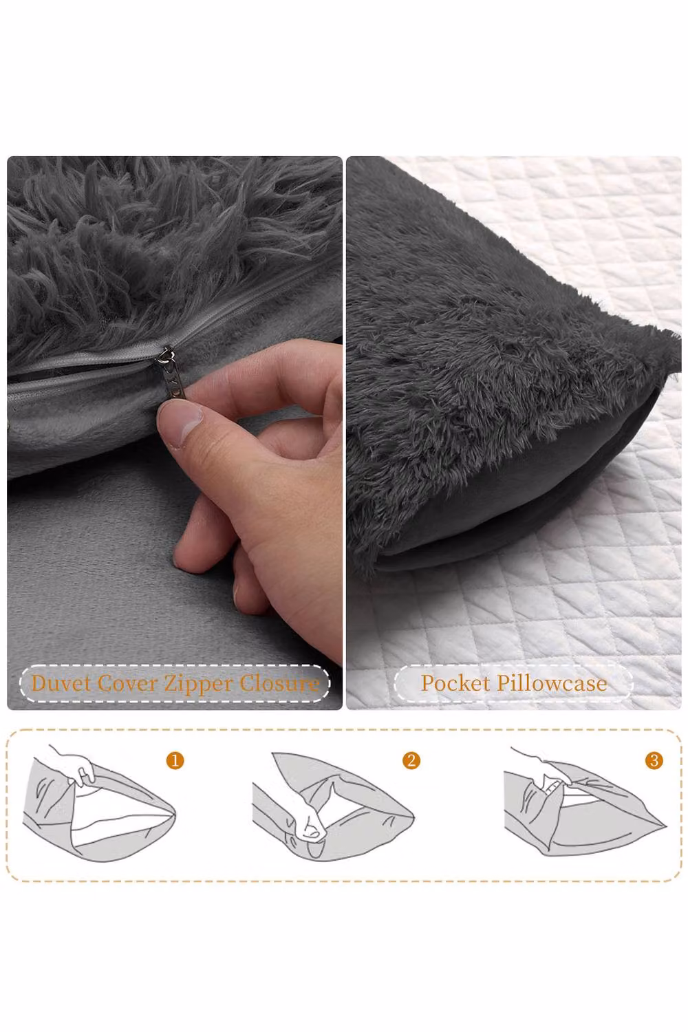 Living and Home 3-Piece Faux Mink Fleece Duvet Set and Pillowcase in Grey, Single (90 x 200 cm) – 3