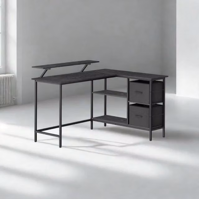 Pirlo Plush Industrial Rustic L-Shaped Corner Computer Desk with Drawers, Black, W/D/H: 105 x 105 x 89.5 cm – 1