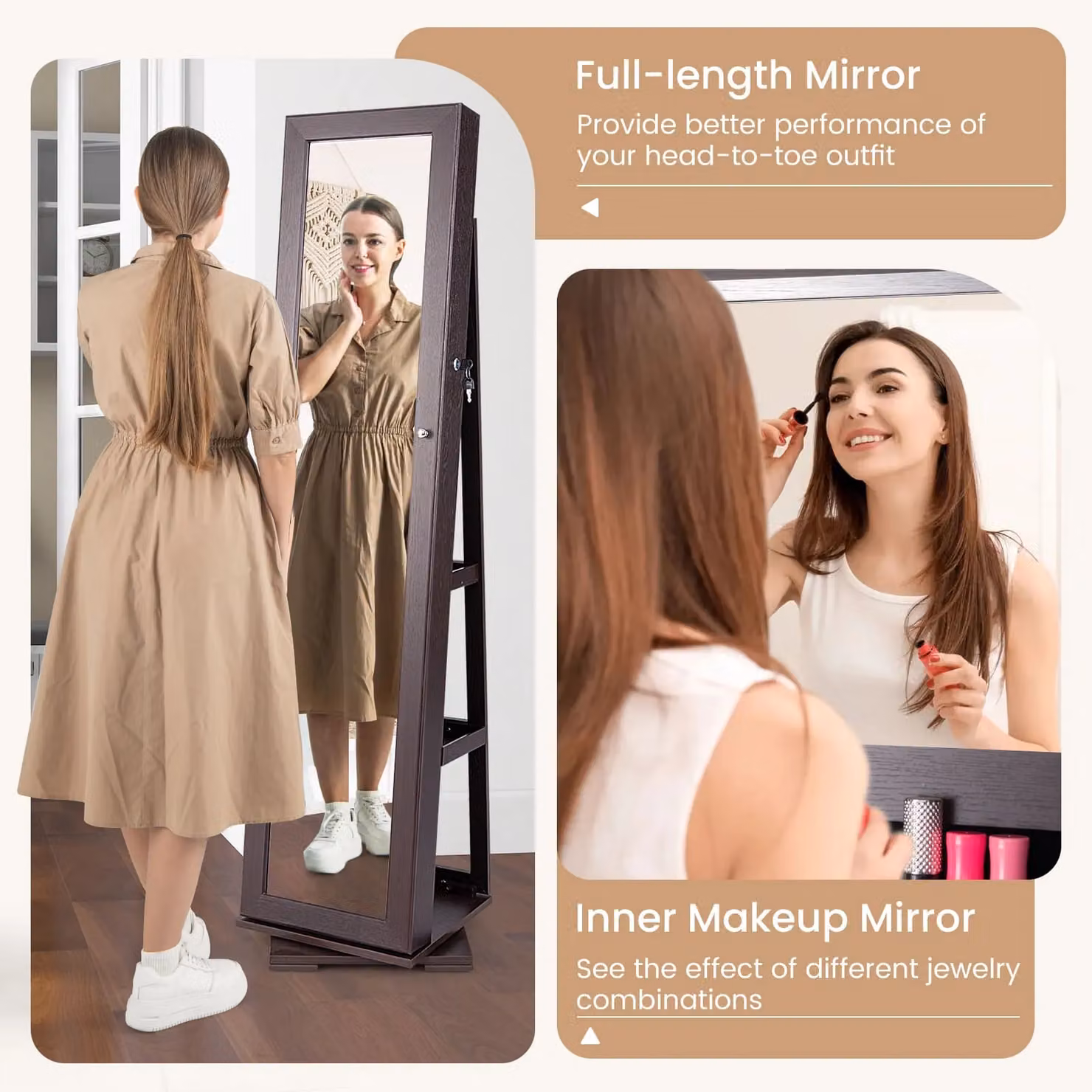 Gymax 360 Rotating Jewelry Armoire with Full Length Mirror in Brown – 4