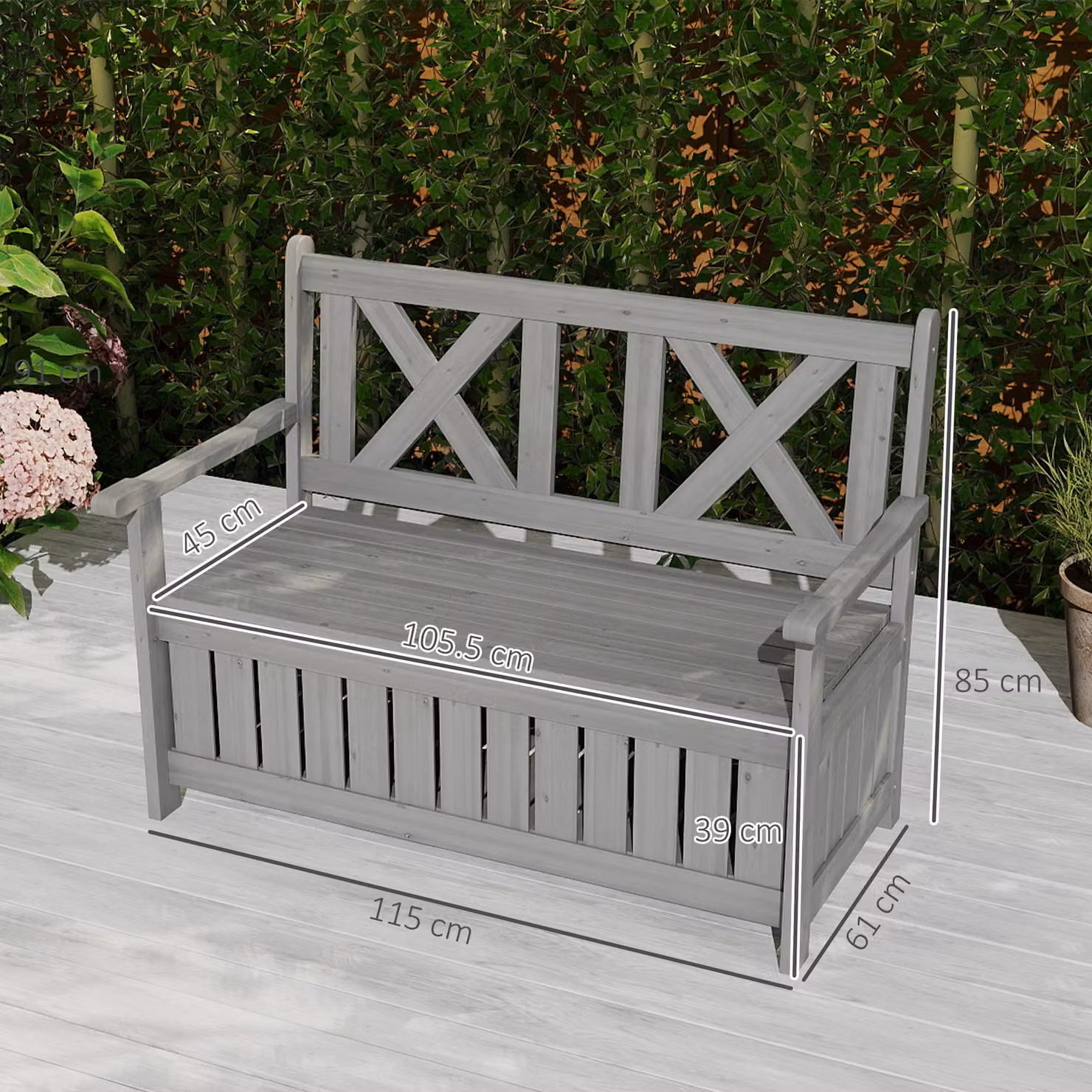 Outsunny 2-Seater Garden Storage Bench in Grey Treated Hardwood with Armrests, W/D/H: 115 x 85 x 220 cm – 3