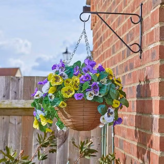Garden Mile Artificial Pansy Hanging Basket in Purple and Brown with Galvanised Steel Round Metal Frame