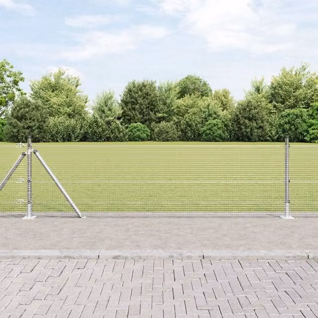 Berkfield Home Grey Galvanised Steel Single-Bar Welded Wire Fence with 13 Round Flanged Posts, W: 40 cm, L: 25 m – 1