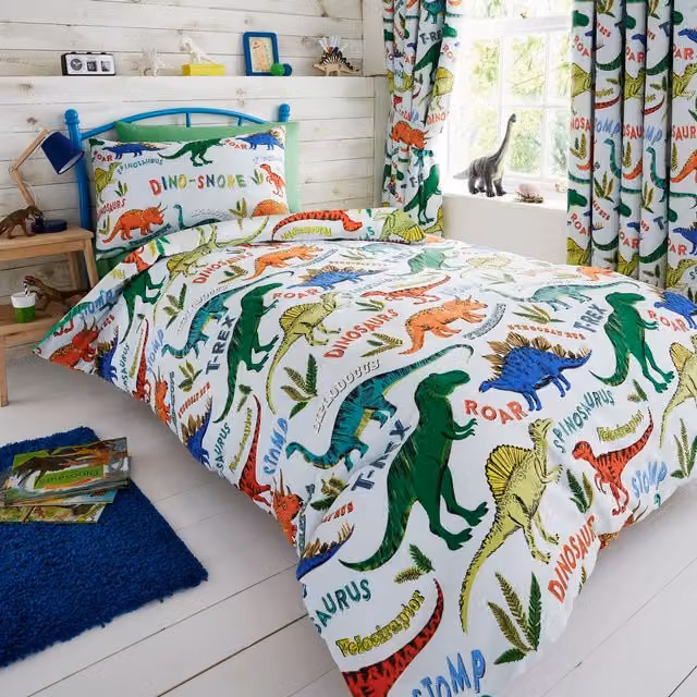 Happy Linen Company Kids Dinosaur Linen Duvet Cover and Pillowcase Set, Multicolour, W/D/H: 90 x 190 cm – 1