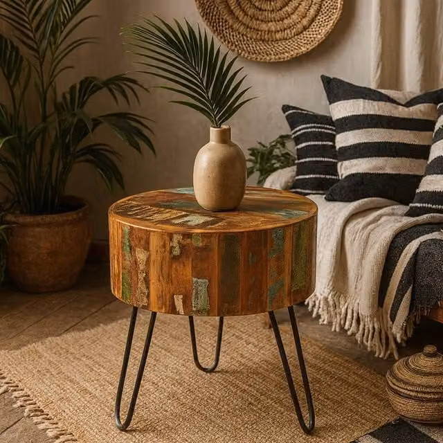 Wyld Haus Seattle Industrial Round Reclaimed Wood Drum Side Table with Metal Hairpin Legs in Brown and Black – 1