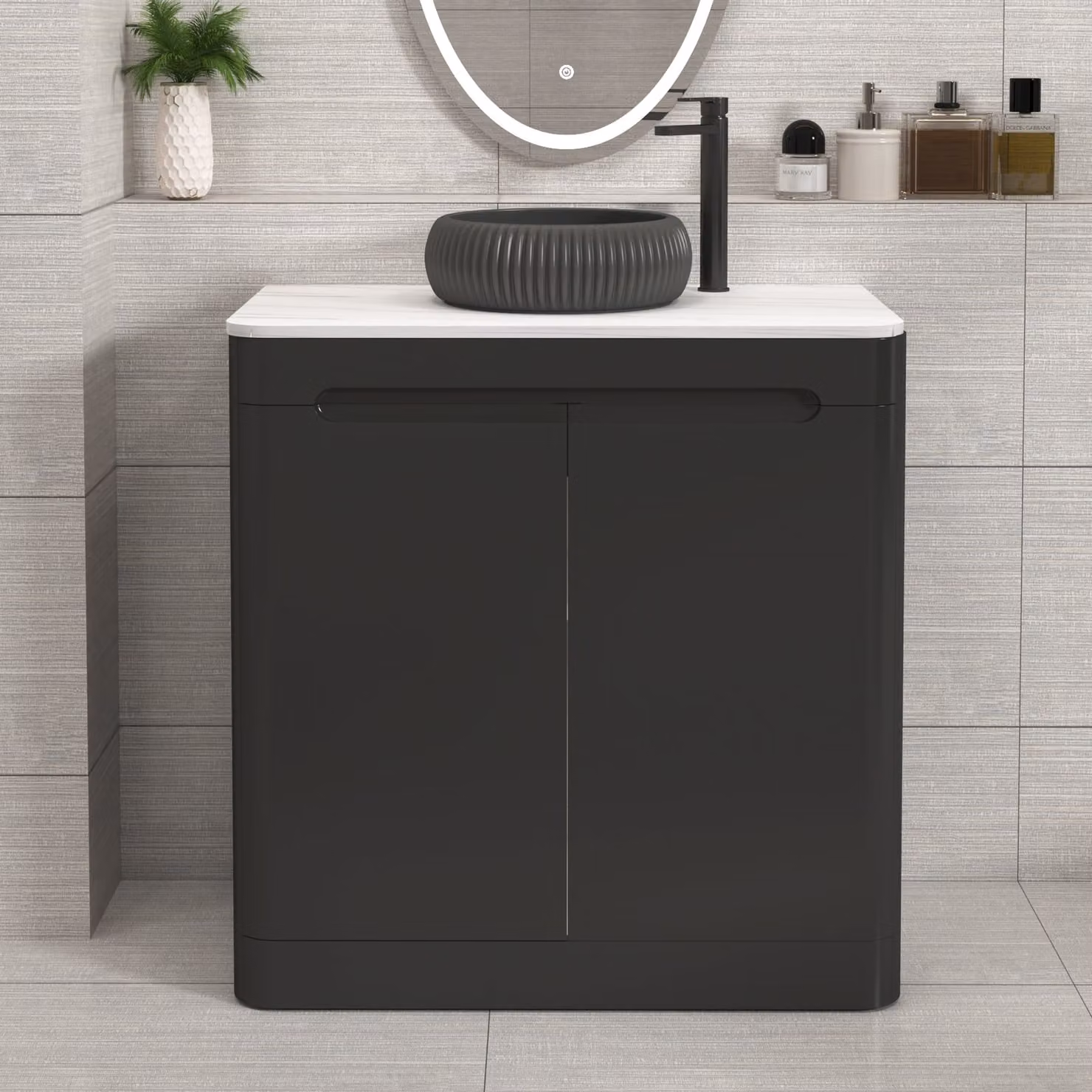 Royal Bathrooms Venice 800mm Matt Nocturne Black Floor Standing 2 Door Vanity Unit with Milan Black Basin