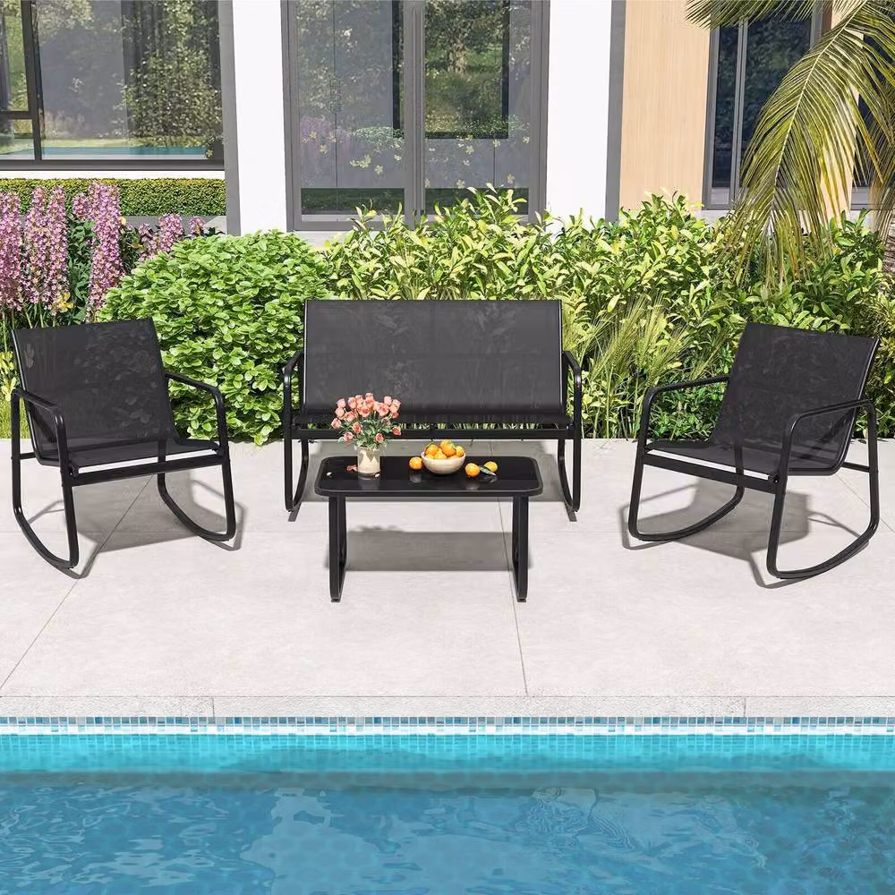 Costway 4 Piece Black Metal and Glass Outdoor Patio Rocking Chair Conversation Set – 3