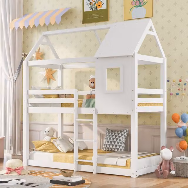 Aosom UK Childrens Solid Pine Bunk Bed with Convertible Step Ladder and Window Frame, White, H 221 x W 120 x D 190 cm – 1