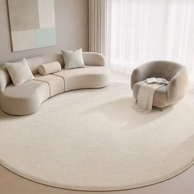 SPETLEK Milk Whit Round Fluffy Shaggy Rug in Beige, Diameter: 100 cm