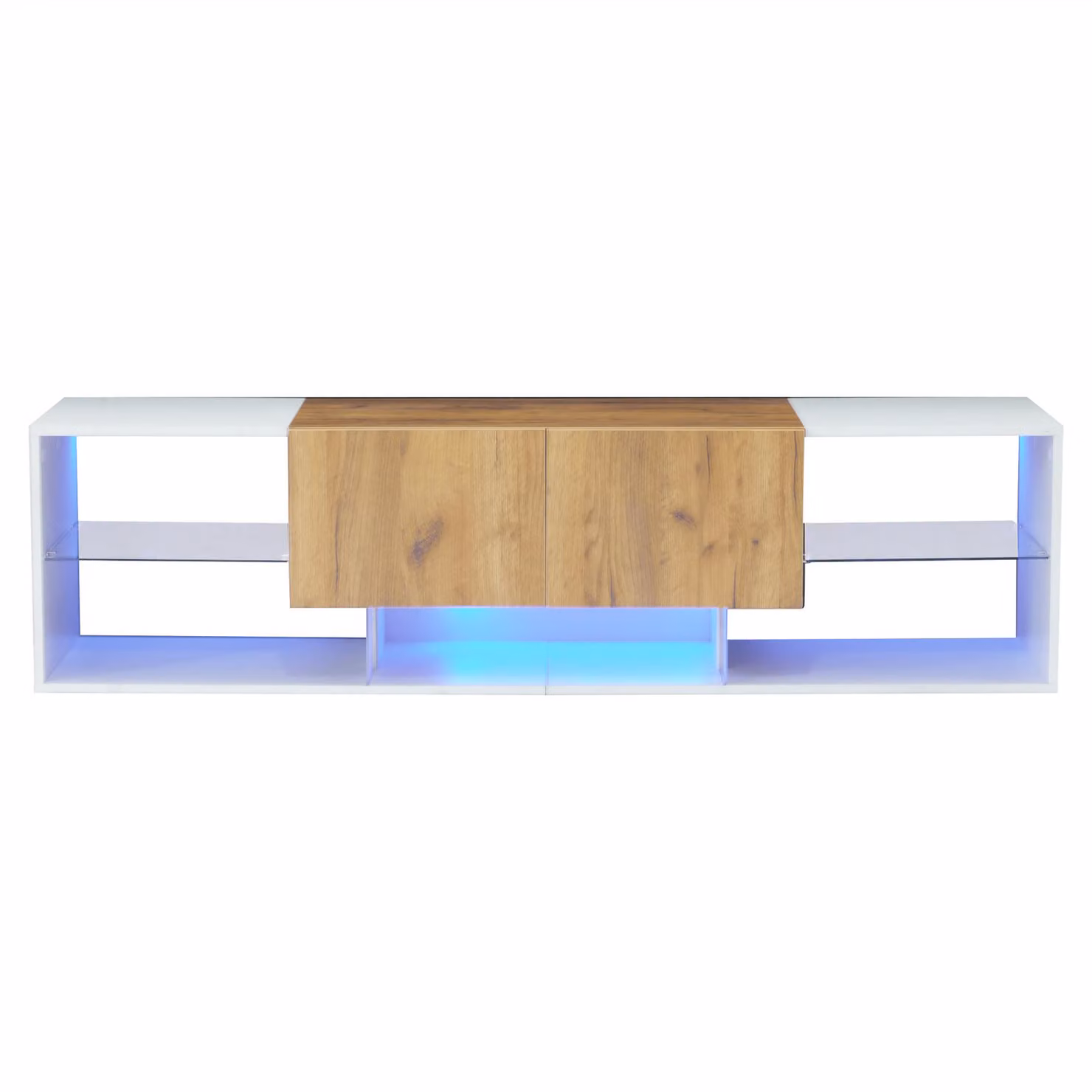 Aosom UK Modern TV Stand with 2 Drawers, 5 Open Compartments and App-controlled LED Lights, White and Wood, W: 160 cm, D: 40 cm, H: 42 cm – 2