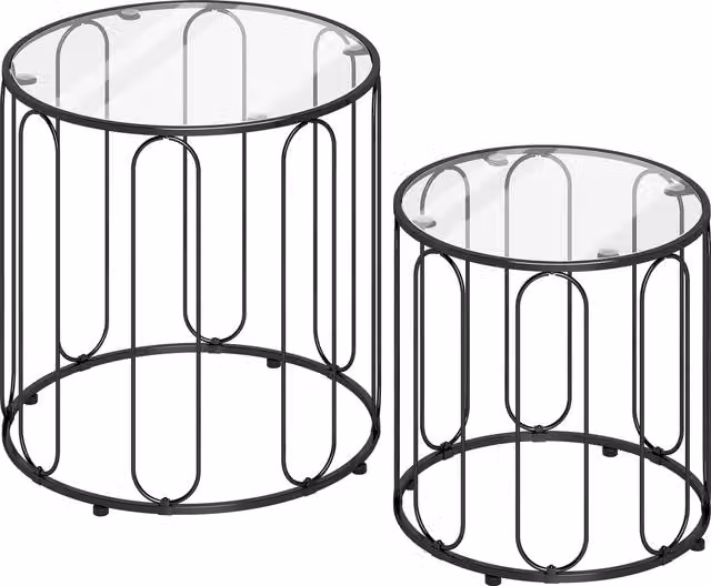 HOMCOM Modern Round Nesting Tables with Glossy Glass Tops and Metal Sled Base, Black – 1