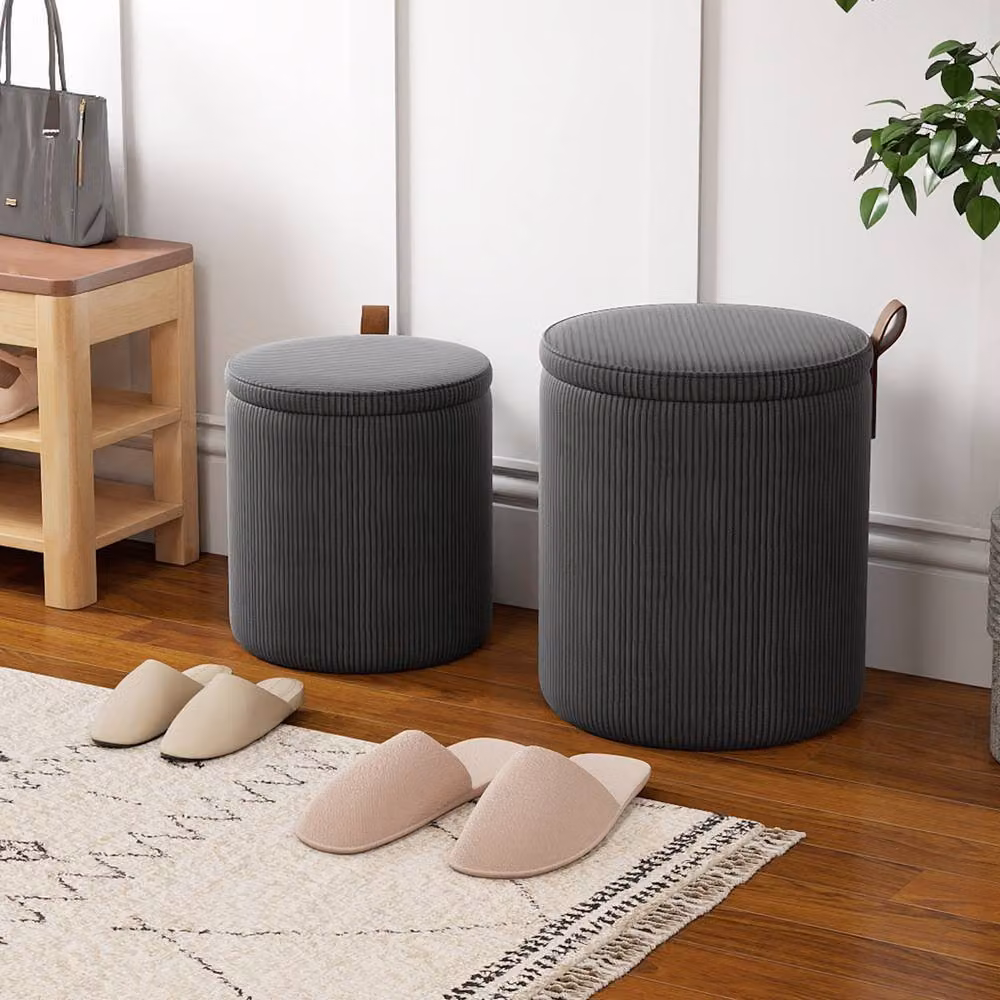 Costway Set of 2 Modern Round Upholstered Vanity Stools with Removable Lids in Grey – 7