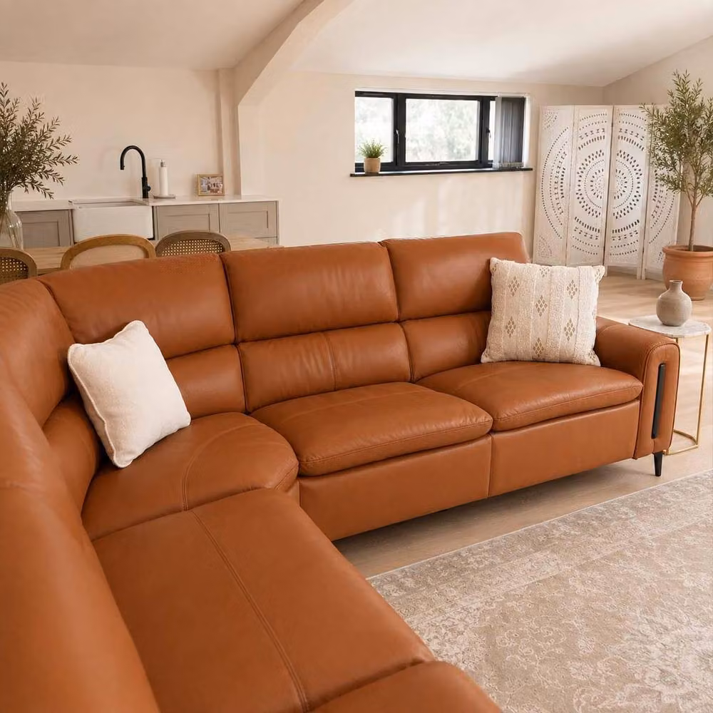 Furnishings For Less UK Aria L Shaped 5 Seater Electric Recliner Sofa in Tan Synthetic Leather with USB Charging and Scatter Cushions – 4