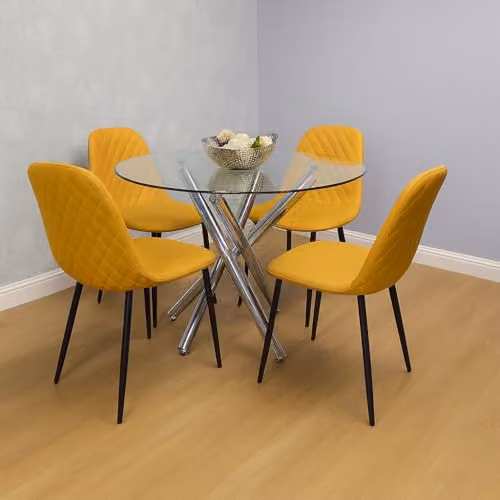 KOSY KOALA Modern Round Clear Glass Dining Table with 4 Yellow Geometric Pattern Chairs