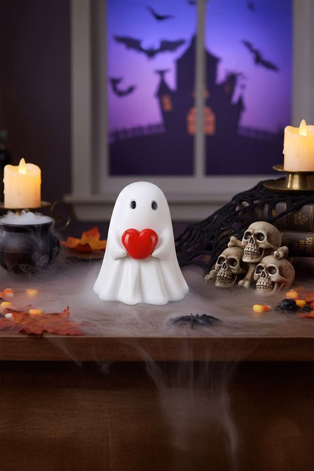 H&O Direct Small White Ceramic Halloween Ghost Ornament with Red Heart for Tabletop Decor – 2
