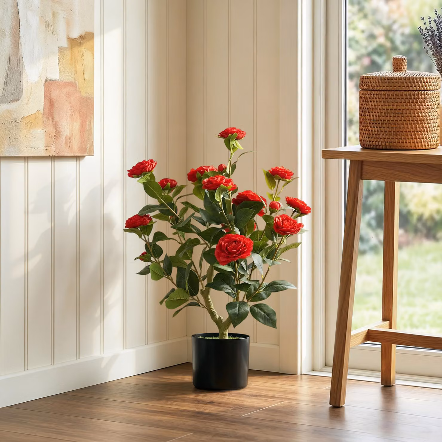 HOMCOM Red Artificial Camellia Flower Plant in Pot with 116 Leaves and Moss Effect, Height: 65 cm – 2