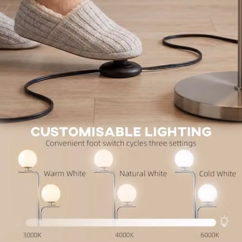 HOMCOM Modern LED Floor Lamp with Sphere Glass Shade and Foot Switch, Silver – 4