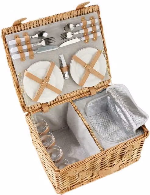 tectake Fohr Picnic Basket for 4 People with Cooler Compartment and Accessories in Brown
