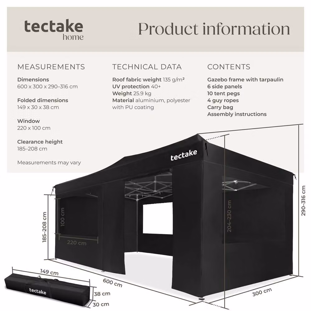 tectake Viola Aluminum Folding Pavilion in Black, W: 600 cm, D: 300 cm – 6
