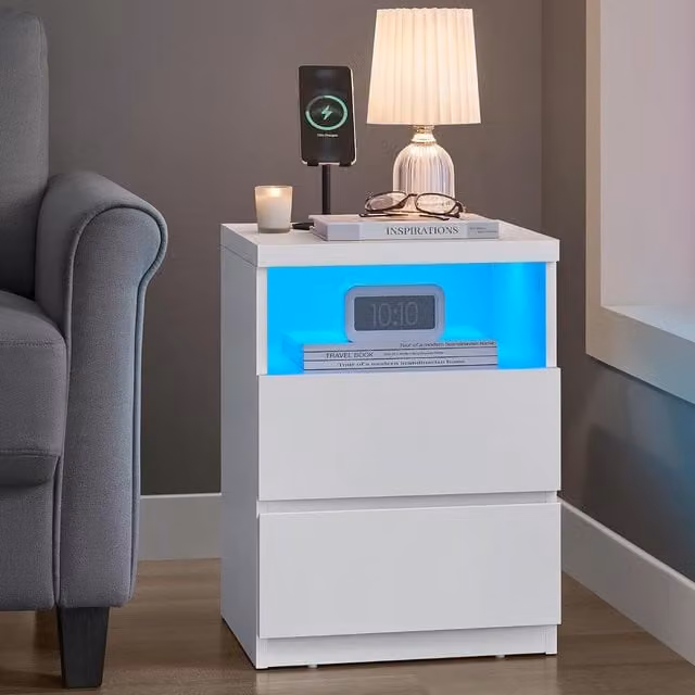VASAGLE White Modern Nightstand with Integrated Adjustable LED Light
