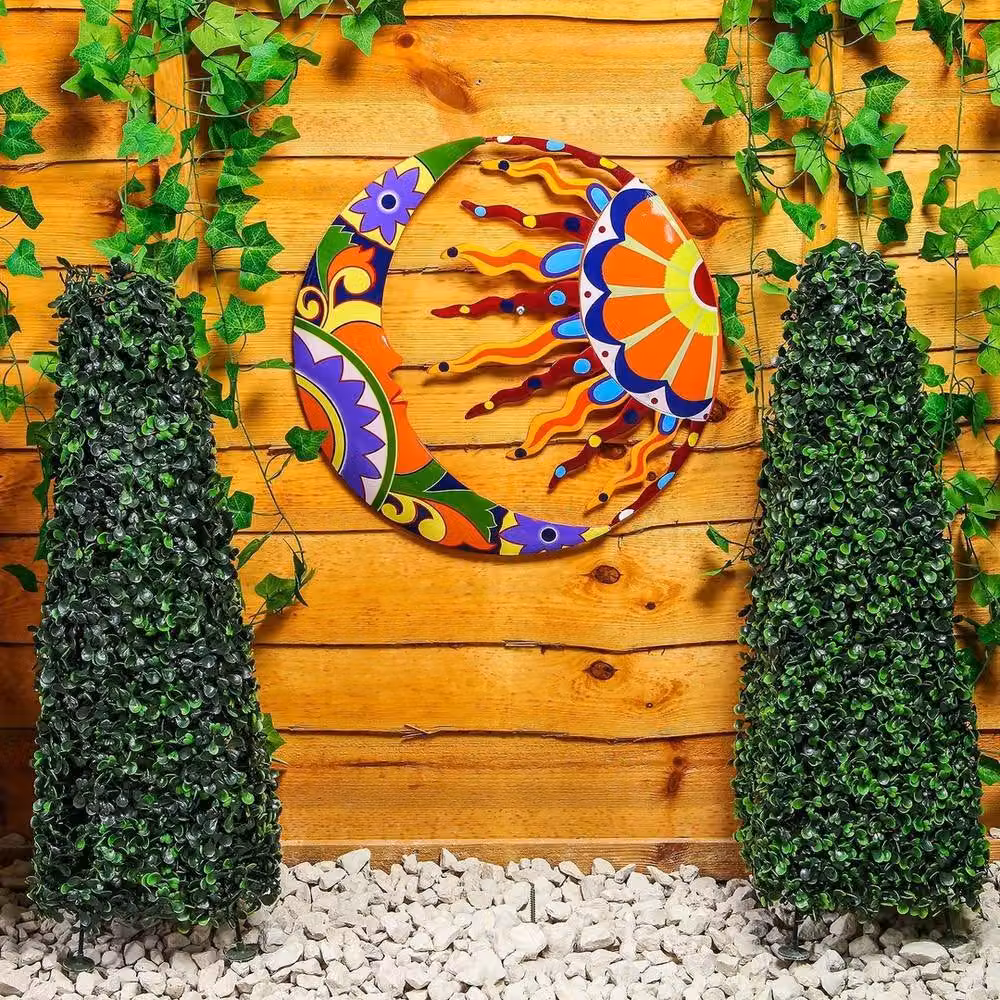 NESTLUNE Multicolour Sun and Moon Metal Wall Art Hanging Garden Ornament, W/H: 100 x 15 cm – 2