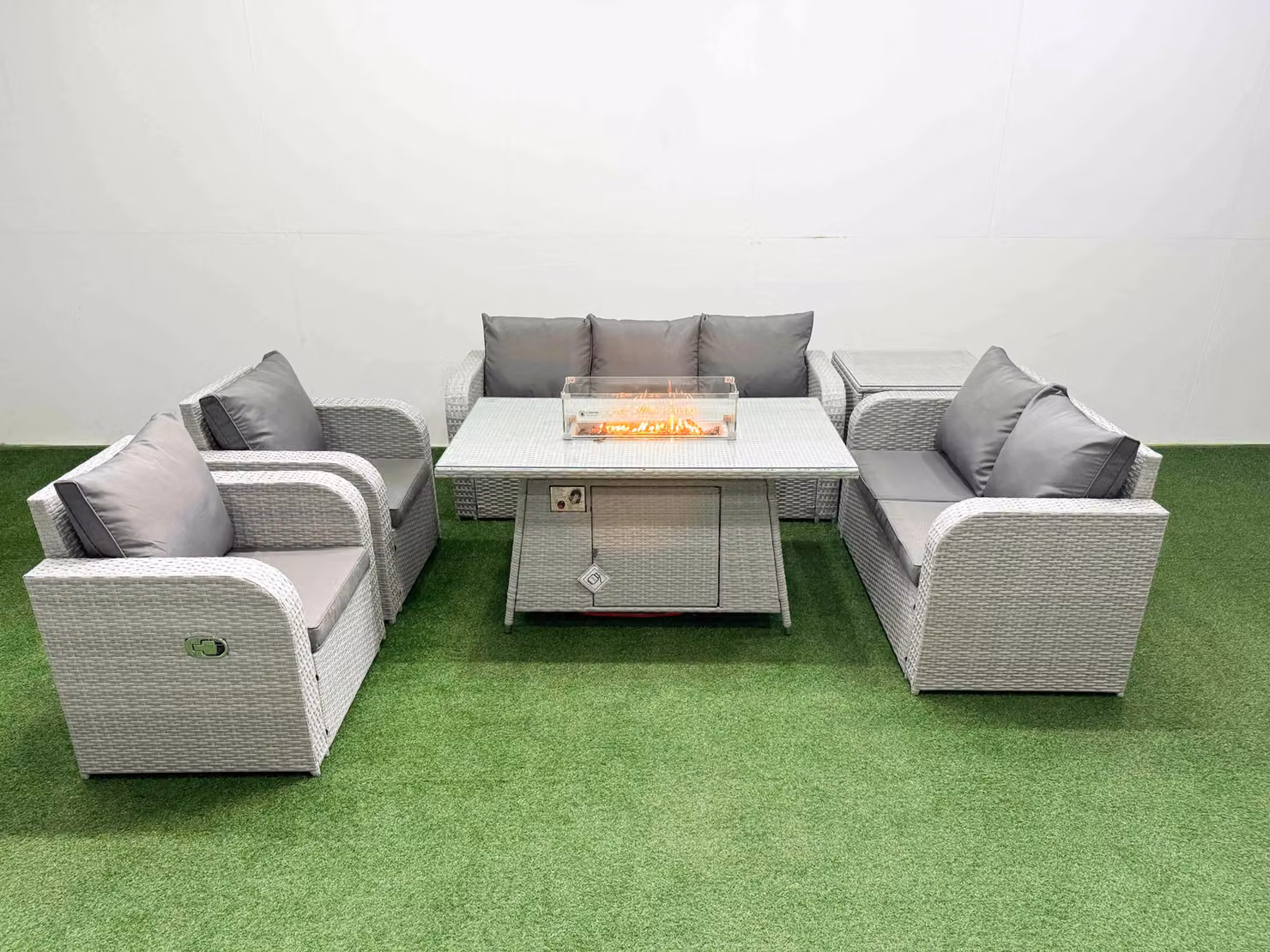 Fimous PE Rattan Garden Furniture Set in Light Grey with 2 Seater Sofa, Reclining Chairs, Firepit Dining Table and Side Table