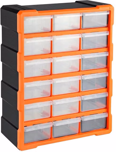 Havendro 18 Drawer Storage Cabinet Garage Craft Organiser in Orange and Transparent Plastic