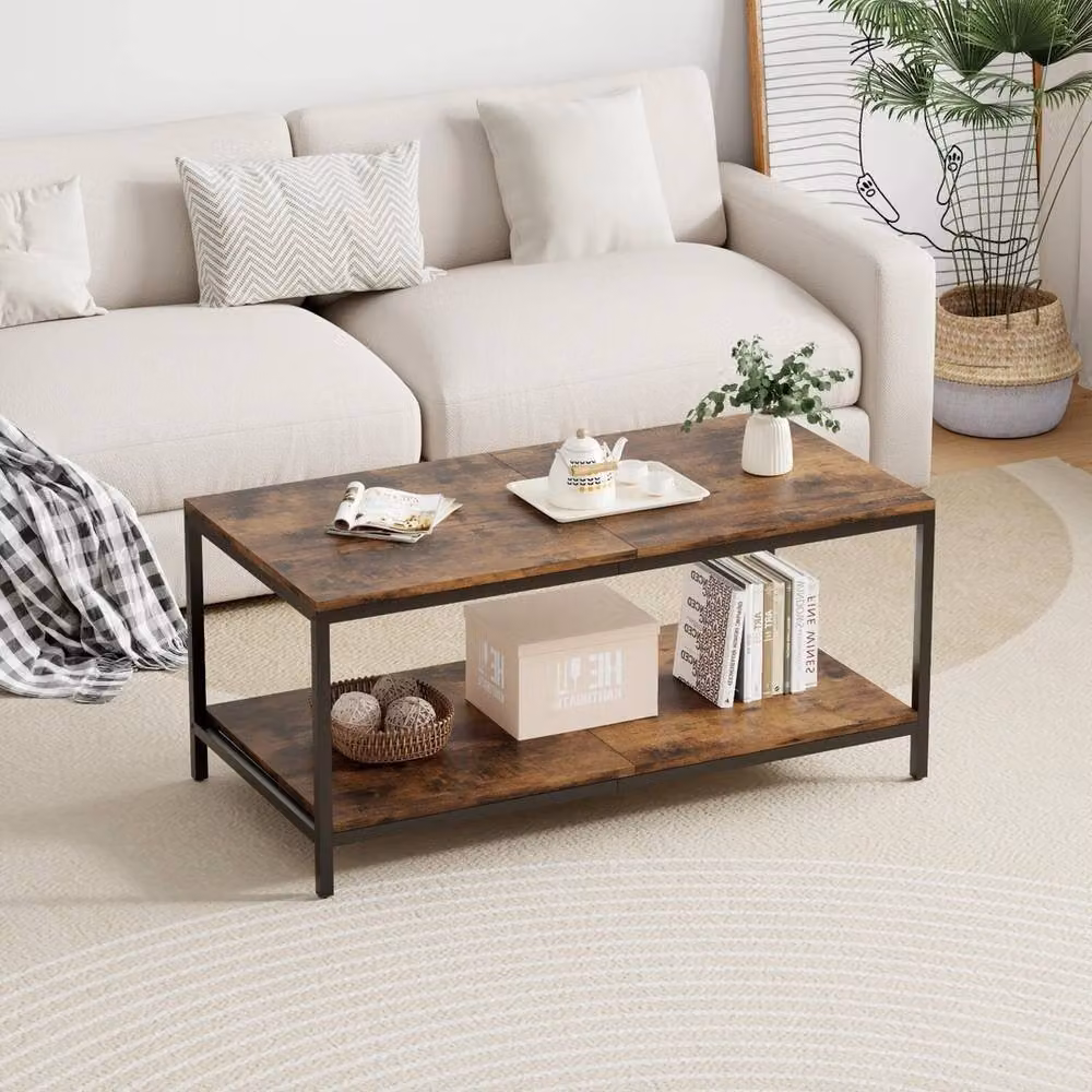 Nordara Rustic Brown Coffee Table with Storage Shelf and Metal Frame – 4