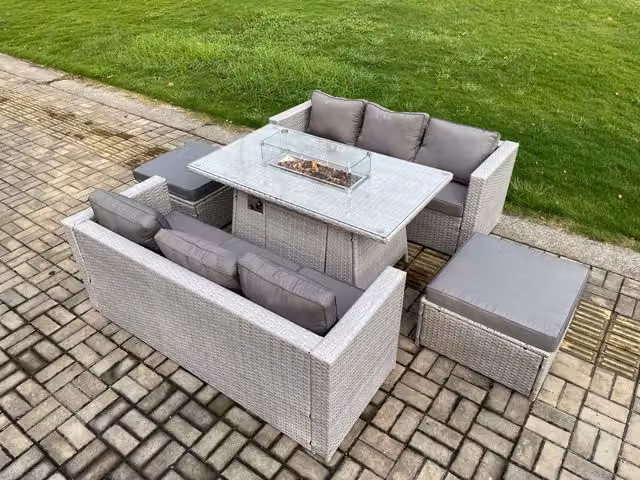 Fimous 8 Seater Rattan Garden Dining Set with Gas Fire Pit Table and 2 Footstools in Light Grey