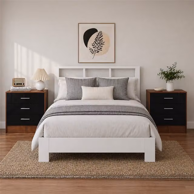 REFLECT 3 Drawer Bedside Tables (Set of 2) in Black High Gloss and Matt Walnut Finish