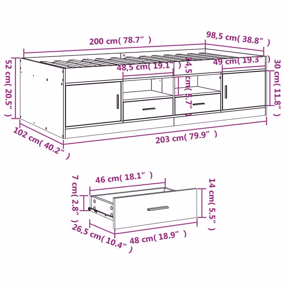 Berkfield Home Daybed with Drawers in Smoked Oak, Brown, W/D/H: 100 x 200 cm – 7
