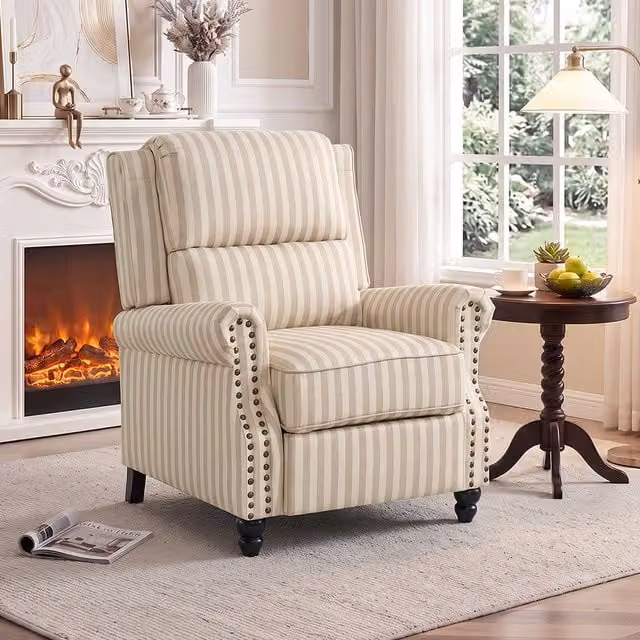 Livingandhome Striped Fabric Relax Recliner Chair with Ottoman in Brown, Beige and White