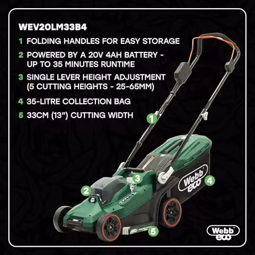 Webb Eco 20V Green Brushless Cordless Lawnmower with 33cm Cutting Width, 35L Collector and Rechargeable Battery and Charger – 6