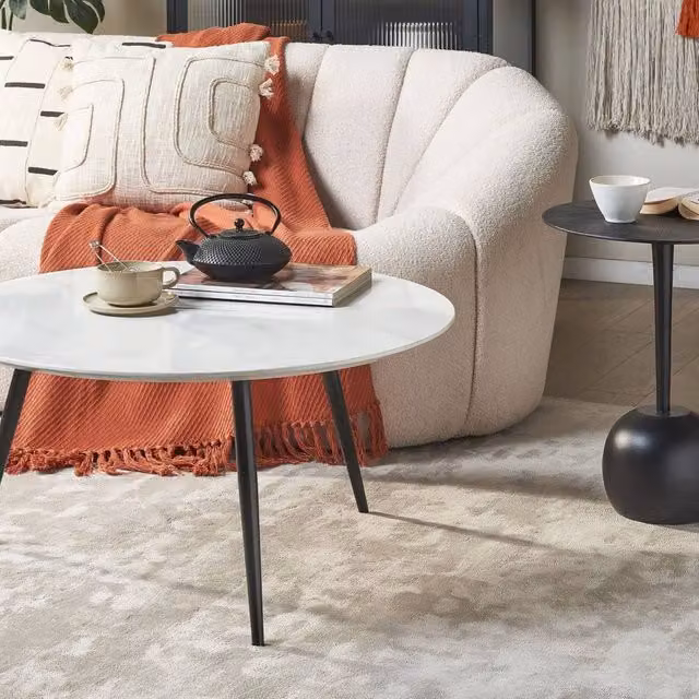 Wyld and Coco White Marble-Effect Round Coffee Table with Black Iron Base, Diameter: 79 cm – 1