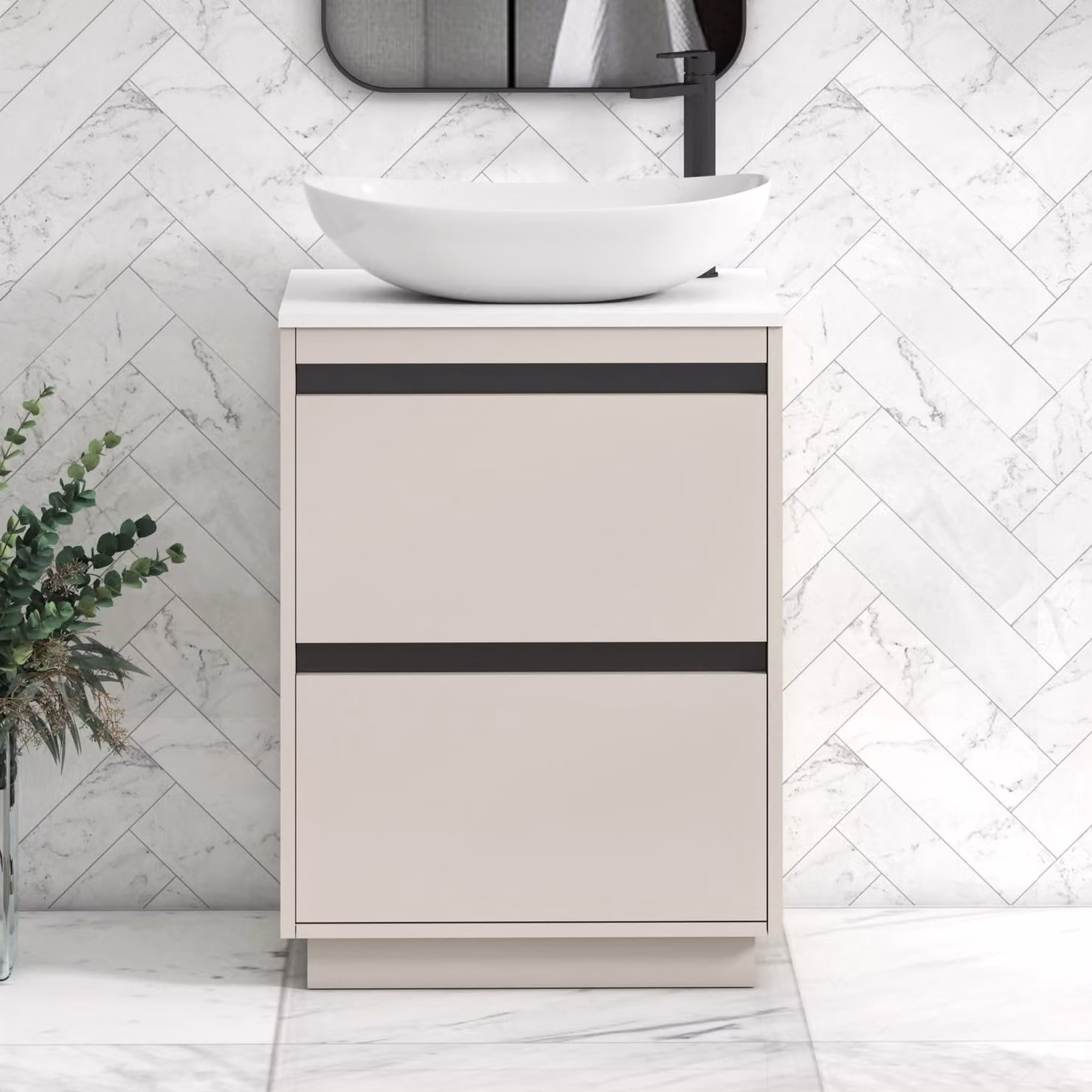 Royal Bathrooms Orion 600mm Warm Taupe Floor Standing 2 Drawer Vanity Unit with Cesar Basin and Black Accent Trim