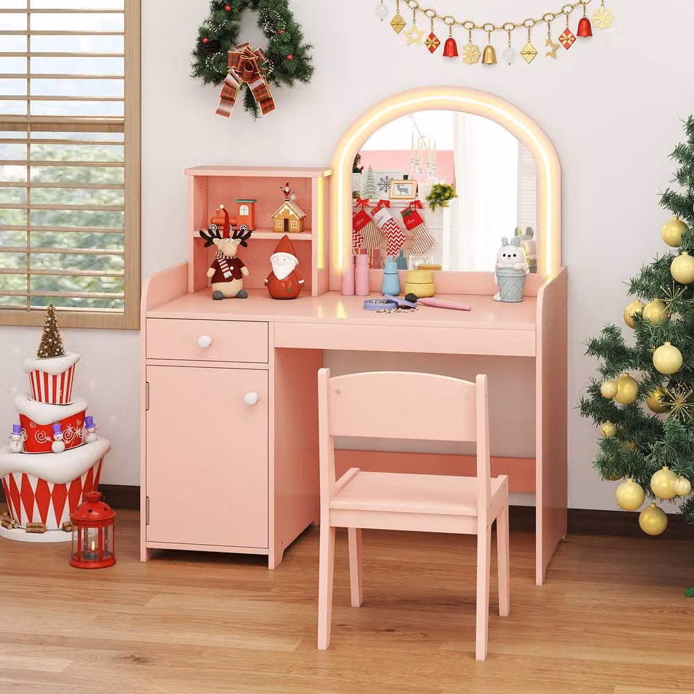 Gymax Vanity Table and Chair Set Makeup Playset with Shelves and LED Light in Peach – 2