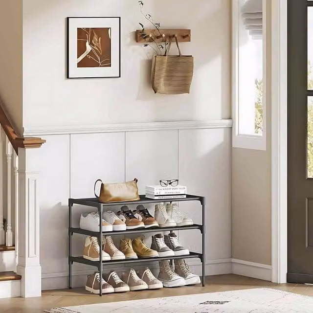The Bazaarist 3 Tier Shoe Rack with Metal Frame and Fabric Shelves in Jet Black