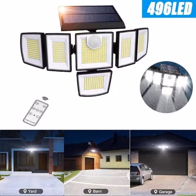 FLAVORA 6-Head Solar LED Floodlight with 496 LEDs and PIR Motion Sensor in Black – 1