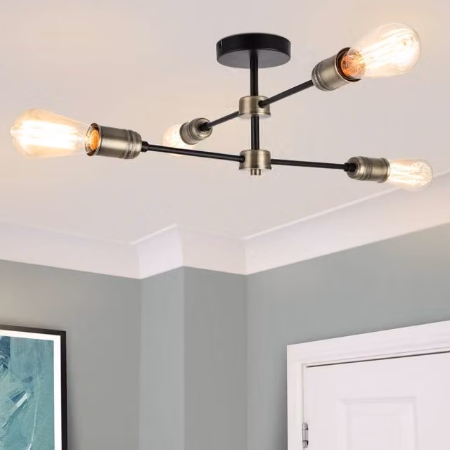 COSYLYTE Linton 4 Light Adjustable Industrial Ceiling Light in Antique Brass