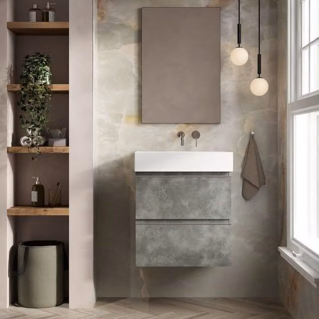Banyetti Vatilla 600mm Wall Hung Vanity Unit with Veneto 0 Tap Hole Basin in Cemento Grey