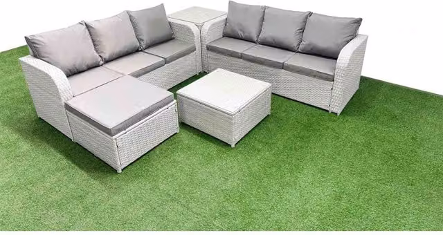 Fimous 7-Seater U-Shape Outdoor Rattan Sofa Set with Coffee Table and Ottoman in Light Grey