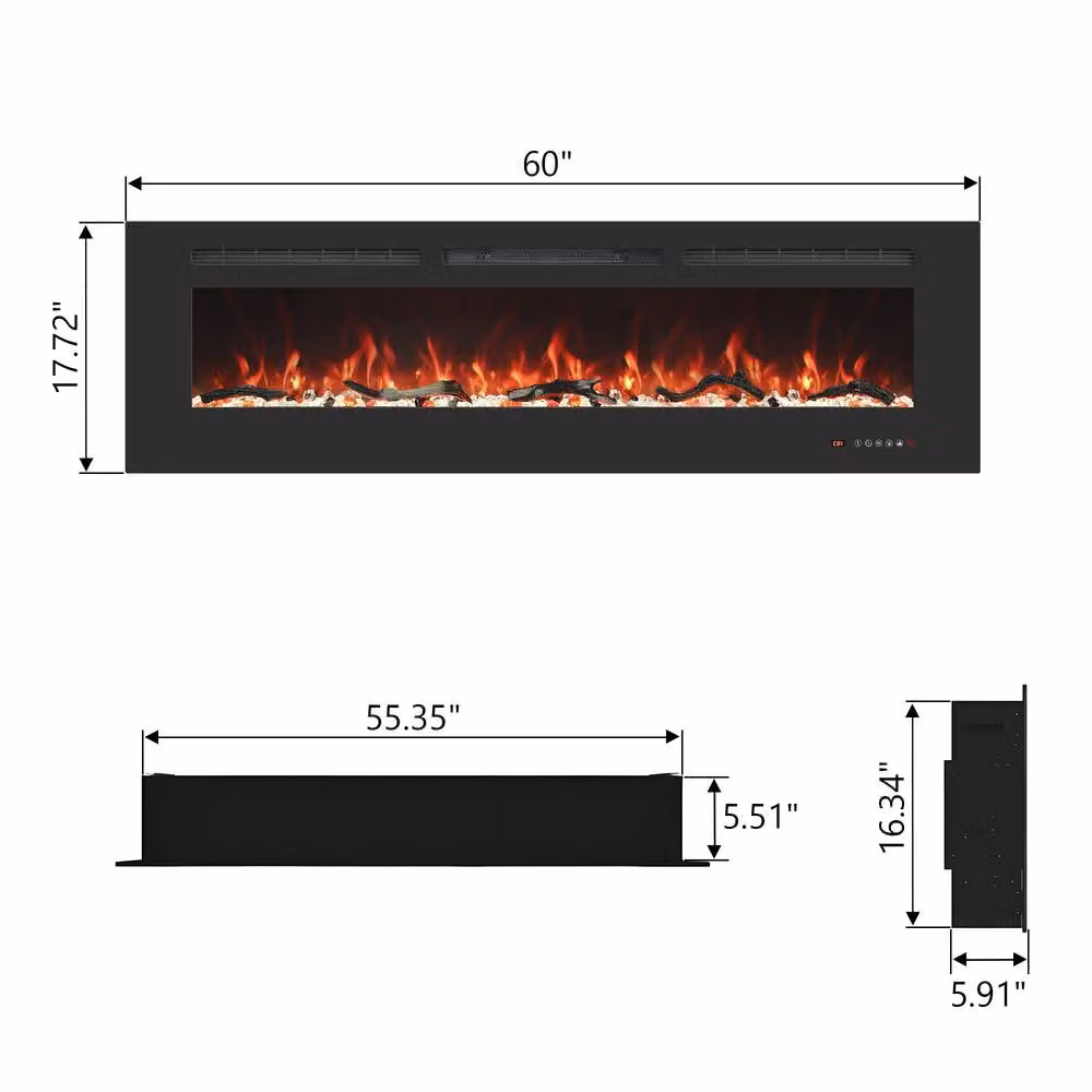 Valuxhome Black Recessed and Wall Mounted Electric Fireplace with 13 Colours and 1500W Heater, W/D/H: 152 x 45 x 15 cm – 2